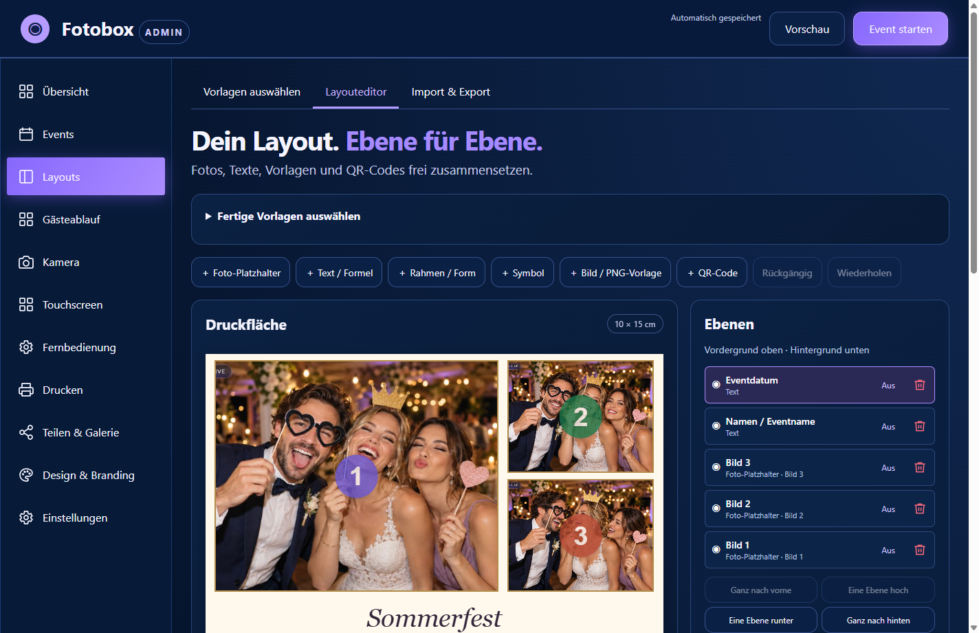 Echte Kleinlight-Fotobox-Oberfläche: Layouteditor mit Fotovorschau und bearbeitbaren Ebenen